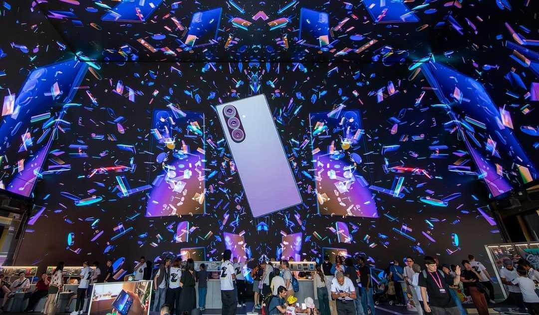 The Samsung Galaxy foldable above the audience at The Now Building